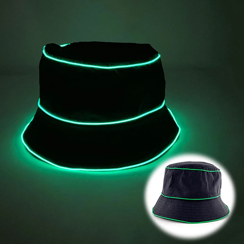 Solid Color Style Beach Cap Luminous Fisherman Hat EL Wire Bucket Hats Glow in the Dark for Club Rave Party Wedding Props