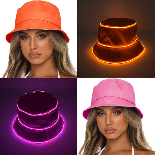 Solid Color Style Beach Cap Luminous Fisherman Hat EL Wire Bucket Hats Glow in the Dark for Club Rave Party Wedding Props