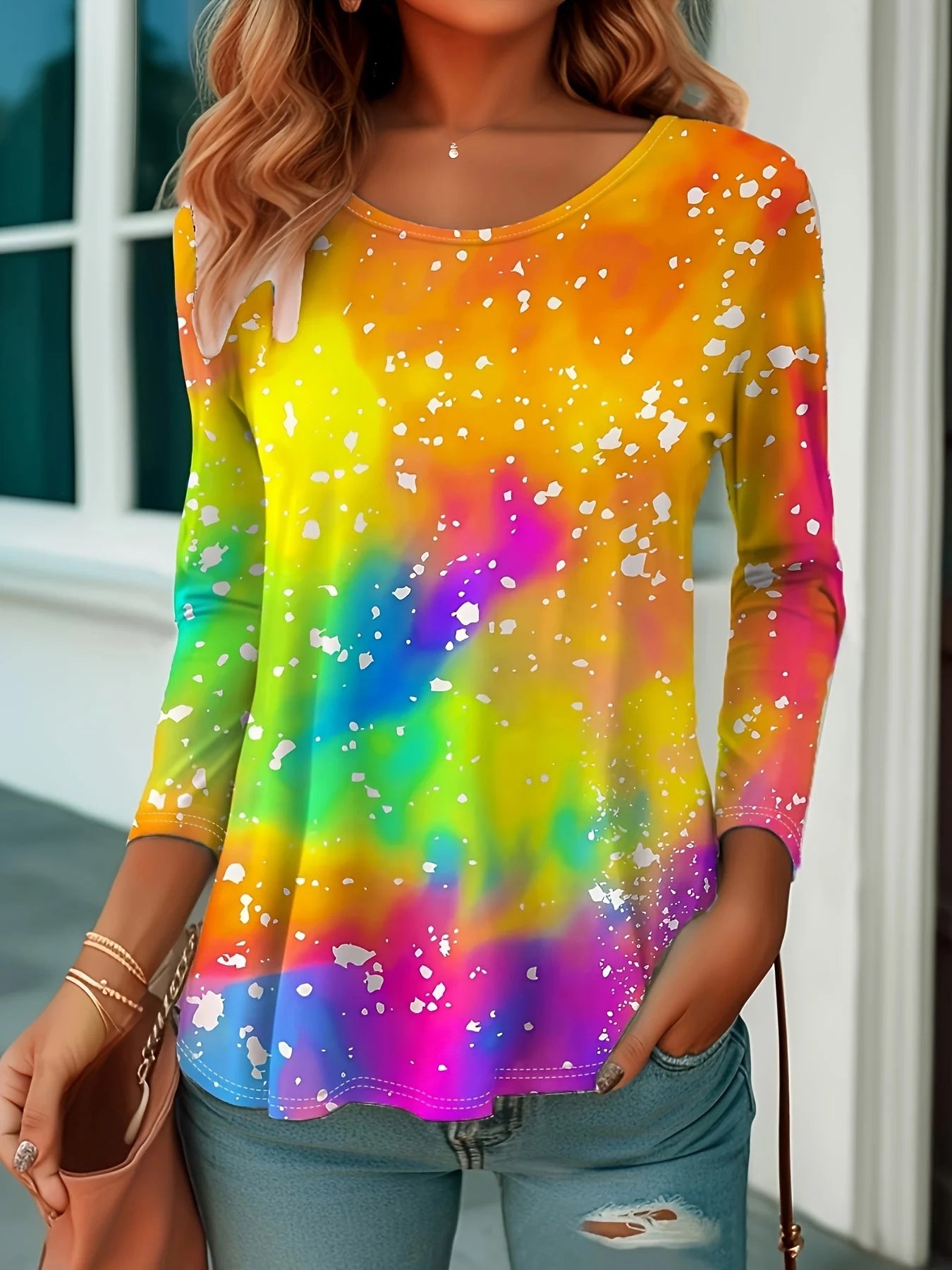 Rainbow Tie-Dye Long Sleeve T-Shirt – Gradient Festival Top for Women