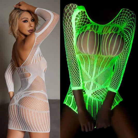 Luminous Fishnet Plus Size Stockings – Glow in the Dark Mesh Pantyhose for Raves & Festivals