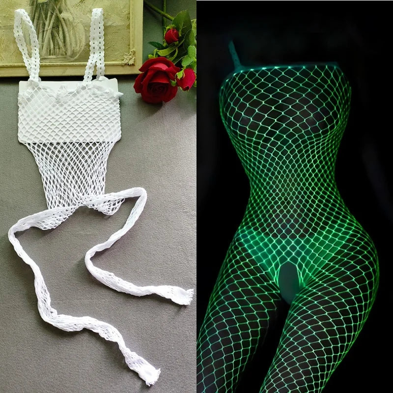 Luminous Fishnet Plus Size Stockings – Glow in the Dark Mesh Pantyhose for Raves & Festivals