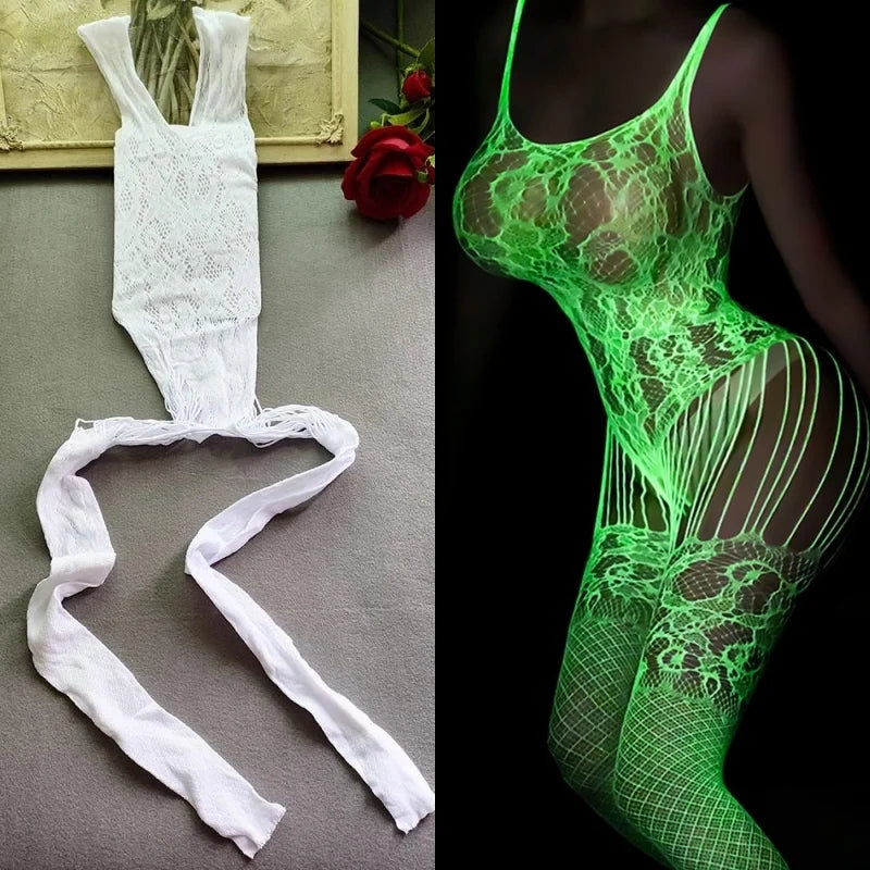 Luminous Fishnet Plus Size Stockings – Glow in the Dark Mesh Pantyhose for Raves & Festivals