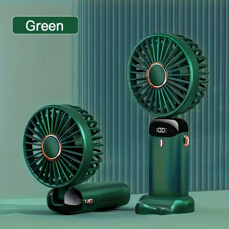 Green Portable Mini Fan with 6 Speeds – USB Rechargeable Foldable LED Handheld Festival & Rave Fan