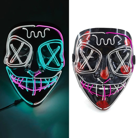 Blue, Pink and White LED Rave & Festival Mask – Luminous Glow-in-the-Dark EL Wire Mask