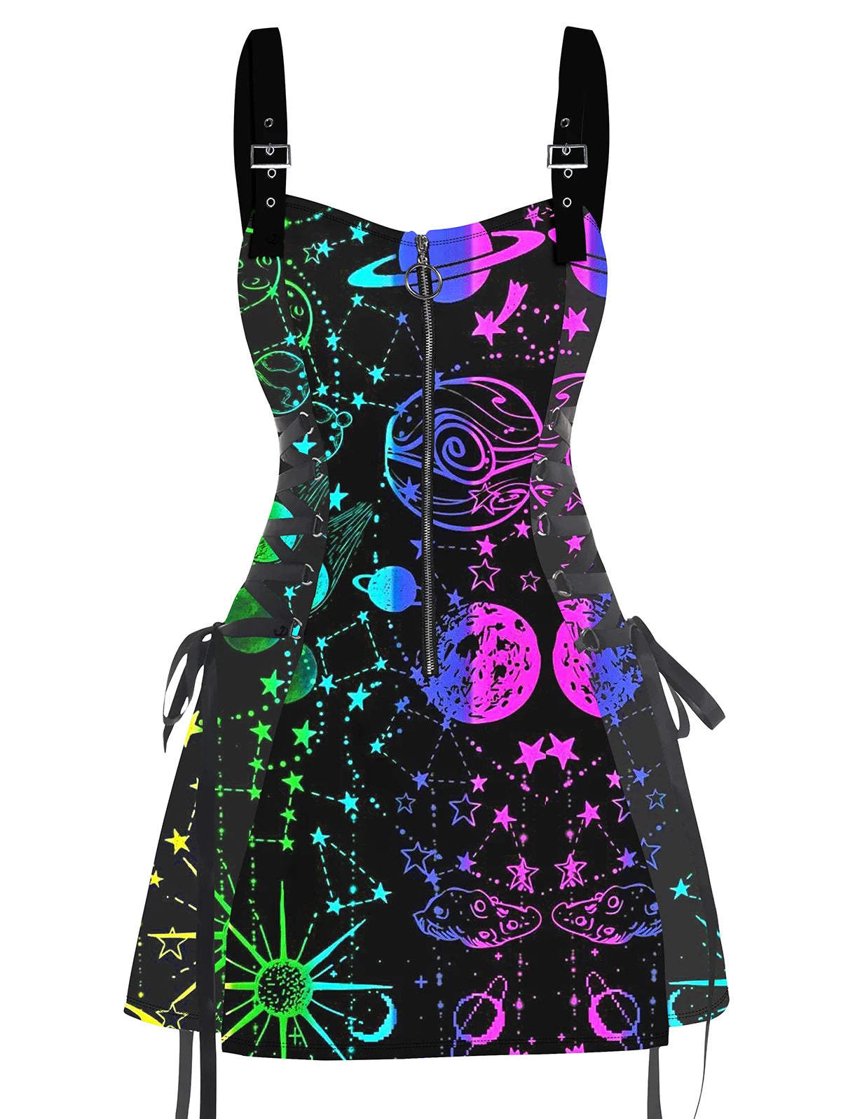 Psychedelic Festival Mini Dress – Lace-Up Festival Zipper Dress for Women