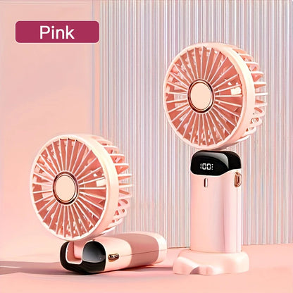 Pink Portable Mini Fan with 6 Speeds – USB Rechargeable Foldable LED Handheld Festival & Rave Fan
