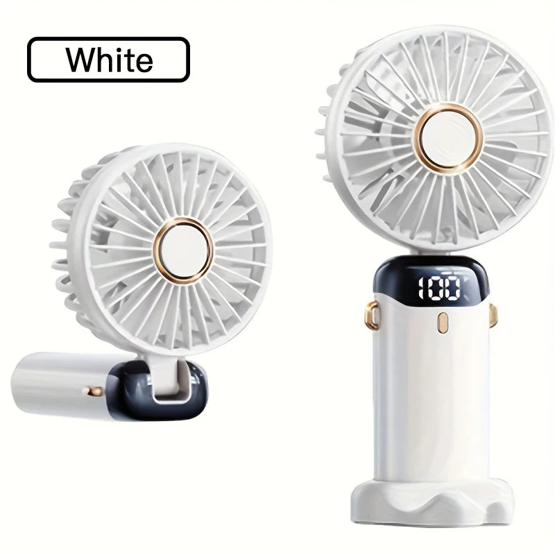 White Portable Mini Fan with 6 Speeds – USB Rechargeable Foldable LED Handheld Festival & Rave Fan