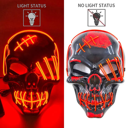Red Stitched Skull LED Rave & Festival Mask – Luminous Glow-in-the-Dark EL Wire Mask
