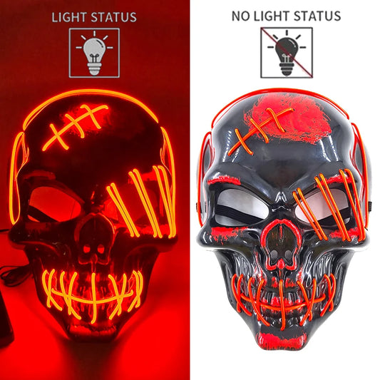 Red Stitched Skull LED Rave & Festival Mask – Luminous Glow-in-the-Dark EL Wire Mask