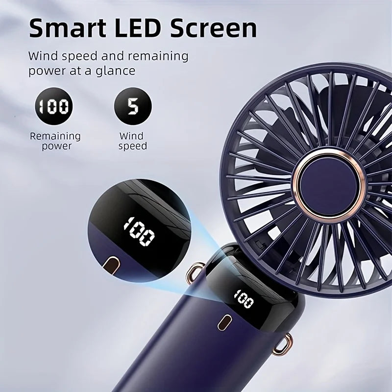 White Portable Mini Fan with 6 Speeds – USB Rechargeable Foldable LED Handheld Festival & Rave Fan