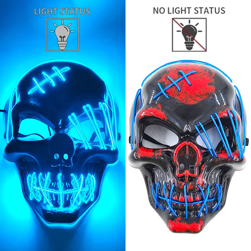 Blue Stitched Skull LED Rave & Festival Mask – Luminous Glow-in-the-Dark EL Wire Mask