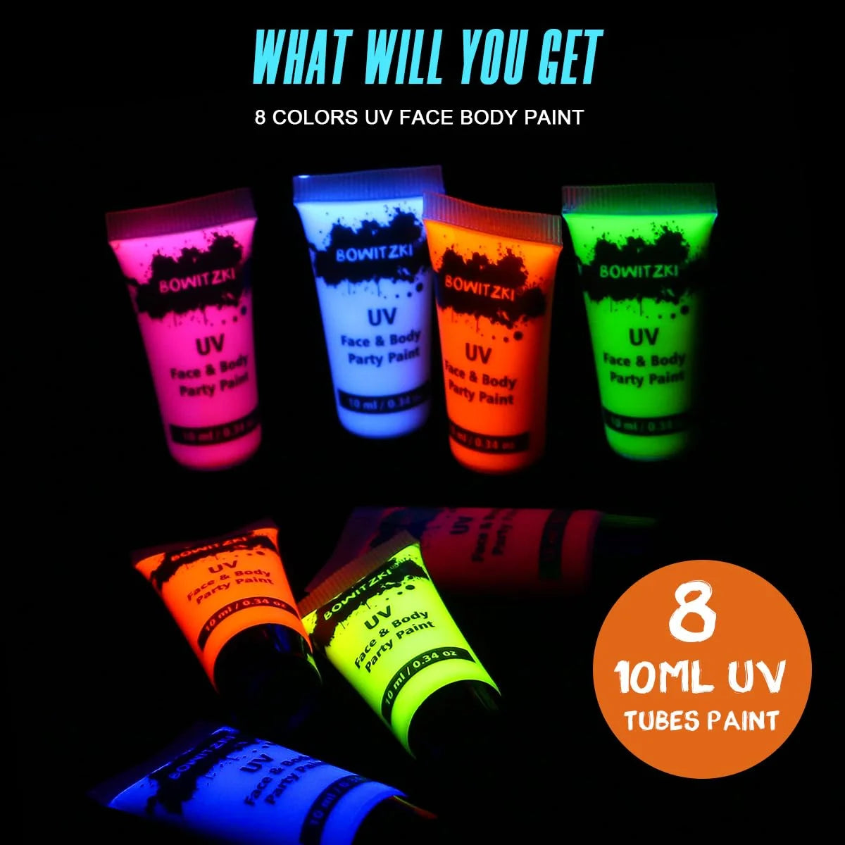 8-Piece UV Glow Body Paint Set – Neon Fluorescent Face & Body Makeup for Raves and Festivals