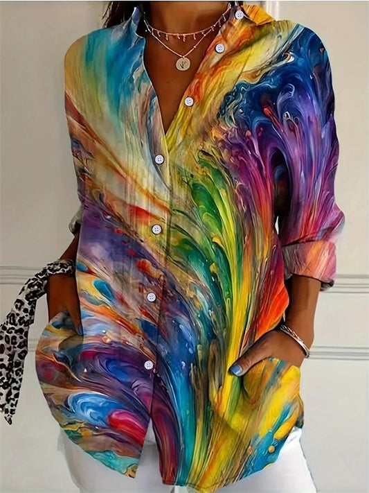 Tie-Dye Button Up Festival Shirt – Textured Lapel Blouse for Women