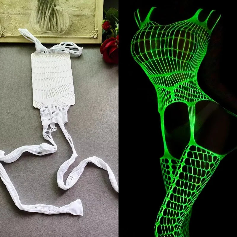 Luminous Fishnet Plus Size Stockings – Glow in the Dark Mesh Pantyhose for Raves & Festivals