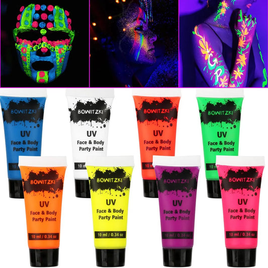 8-Piece UV Glow Body Paint Set – Neon Fluorescent Face & Body Makeup for Raves and Festivals