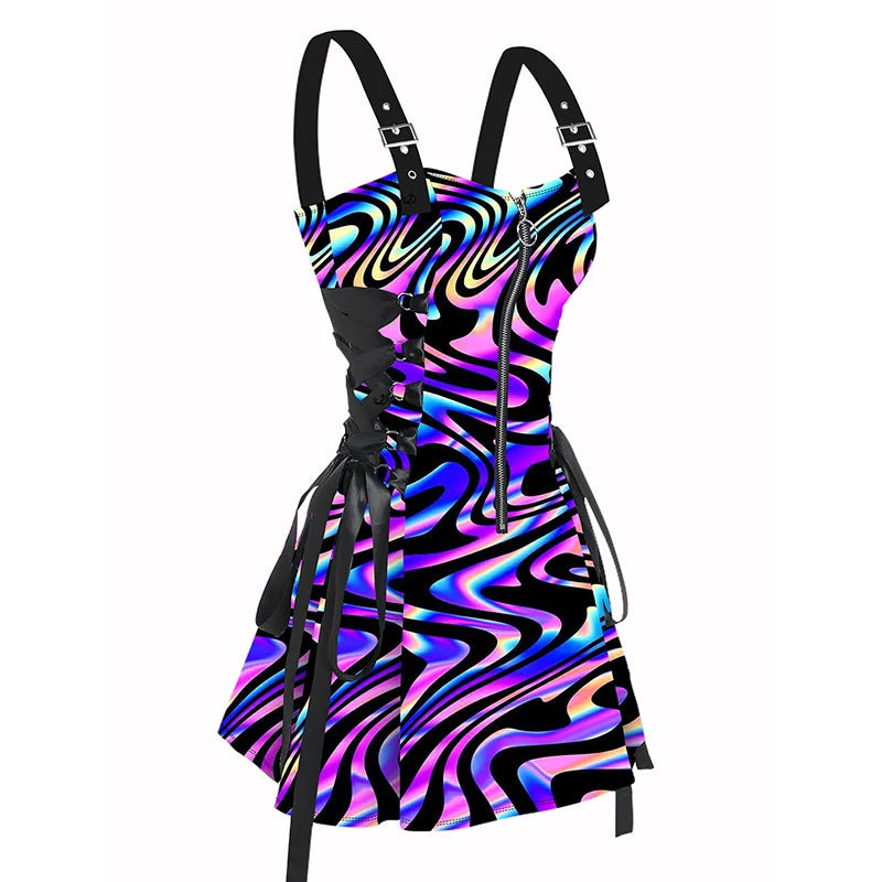Psychedelic Festival Mini Dress – Lace-Up Festival Zipper Dress for Women