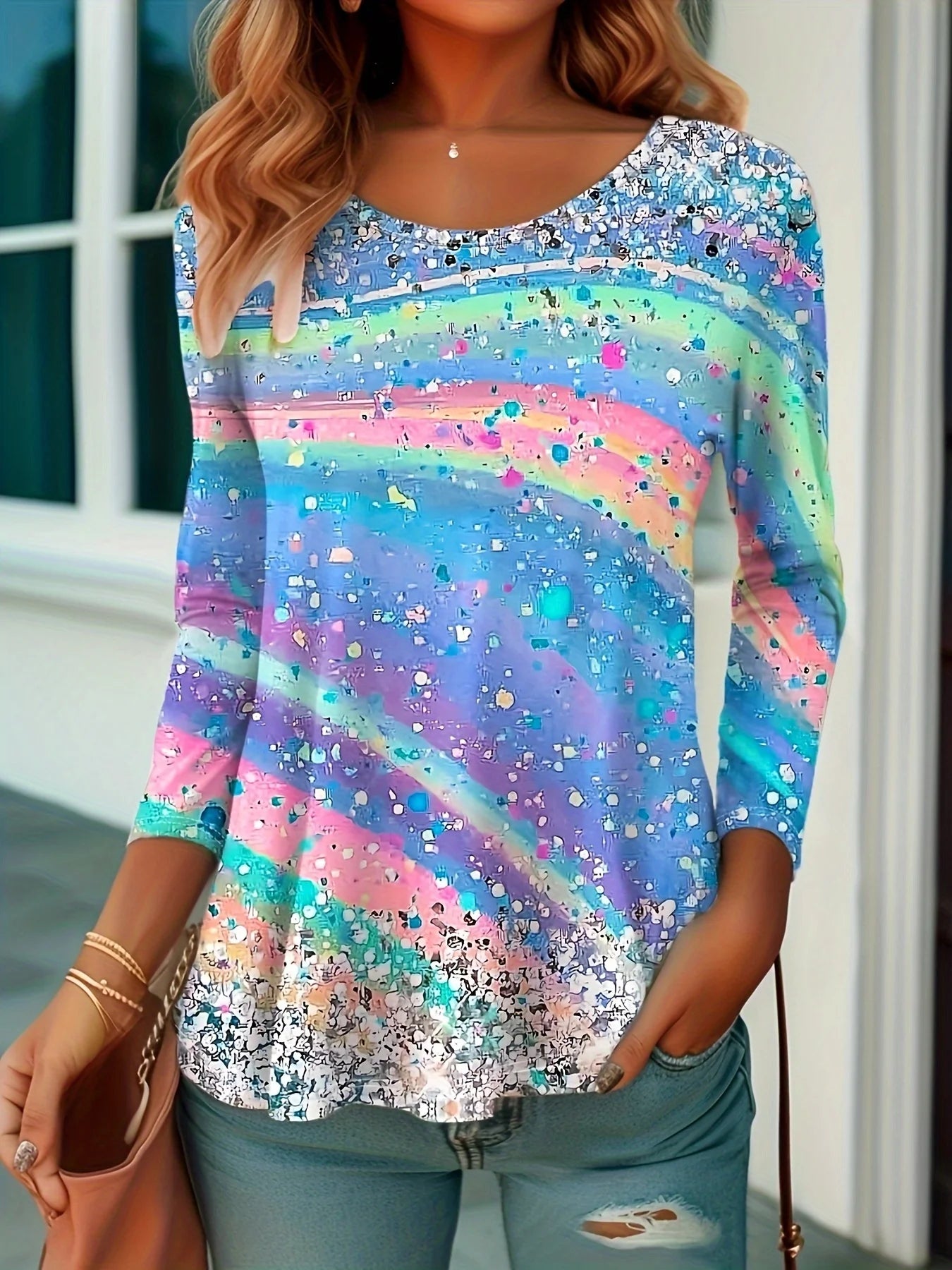 Rainbow Tie-Dye Long Sleeve T-Shirt – Gradient Festival Top for Women