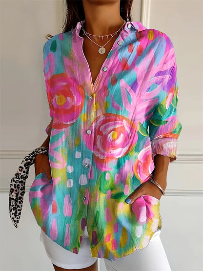 Tie-Dye Button Up Festival Shirt – Textured Lapel Blouse for Women