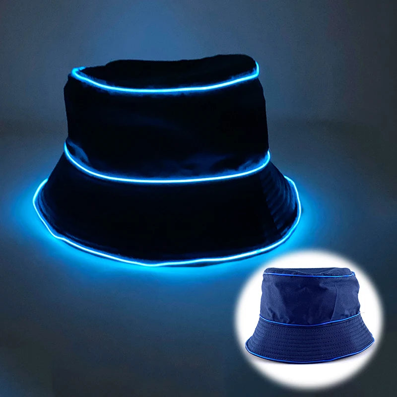 Solid Color Style Beach Cap Luminous Fisherman Hat EL Wire Bucket Hats Glow in the Dark for Club Rave Party Wedding Props