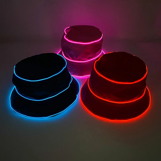 Solid Color Style Beach Cap Luminous Fisherman Hat EL Wire Bucket Hats Glow in the Dark for Club Rave Party Wedding Props