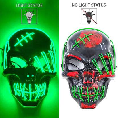 Green Stitched Skull LED Rave & Festival Mask – Luminous Glow-in-the-Dark EL Wire Mask