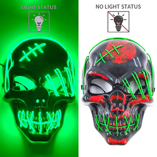 Green Stitched Skull LED Rave & Festival Mask – Luminous Glow-in-the-Dark EL Wire Mask
