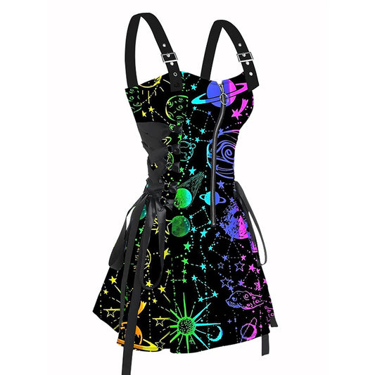 Psychedelic Festival Mini Dress – Lace-Up Festival Zipper Dress for Women