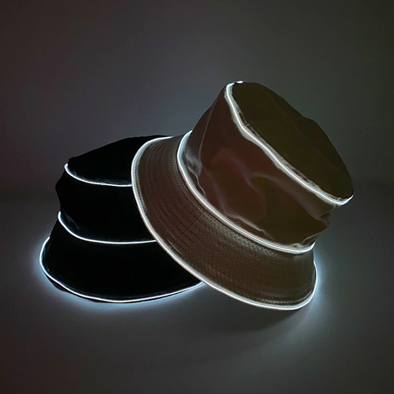 Solid Color Style Beach Cap Luminous Fisherman Hat EL Wire Bucket Hats Glow in the Dark for Club Rave Party Wedding Props